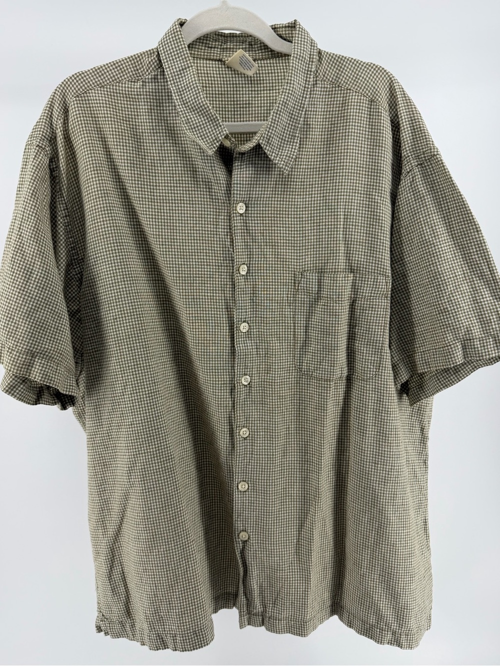 Old Navy Linen Cotton Green Tan Gingham Short Sleeve Button-Up Shirt, Men's XXL